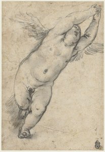 Flygande putto med upphöjda armar av Agostino Carracci (attributed to)
