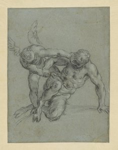 Amor som övermannar Pan (recto); munkhuvud; karikatyr av en man i profil (verso) av Agostino Carracci