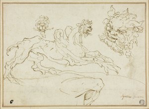 Fyra skisser: Griffin, Groteskt huvud, Satyrhuvud, Bent Ben av Agostino Carracci