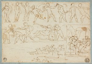 Fris av Putti, Skiss av Lot och hans döttrar, Skiss av byggnader av Agostino Carracci