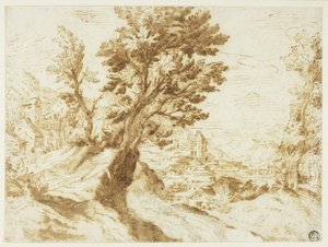 Kuperat landskap med stad på avstånd av Agostino Carracci
