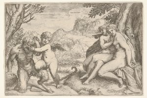 Kärleken övervinner allt Omnia vincit Amor, i en kamp med en satyr placerar Amor sin högra kn..., 1599.