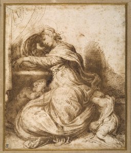 Madonna och barn med St John, alla sover (penna & brunt bläck och brunt tvätt) av Agostino Carracci