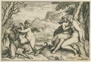 Omnia vincit Amor (Amor besegrar Pan; till höger två nymfer under ett träd, i ett landskap)