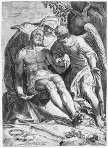 Pieta, Kristus stödd av jungfrun och en ängel till höger, 1582. av Agostino Carracci