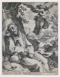 Sankt Franciskus tröstad av den musicerande ängeln av Agostino Carracci