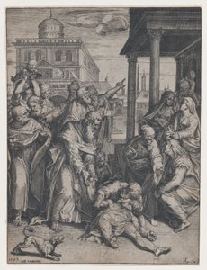 Saint Paul höjer Patroclus som är på marken, omgiven av en grupp åskådare, ..., 1583. av Agostino Carracci