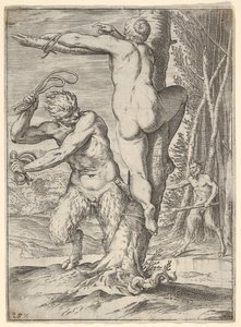 Satyr piskar en nymf, som visas bakifrån och bunden till ett träd, en andra saty..., ca. 1590-95.