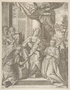 Det mystiska äktenskapet mellan Saint Catherine som sitter i centrum med Kristusbarnet, änglar med..., 1585. av Agostino Carracci