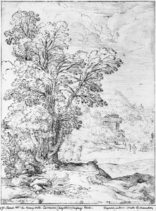 Skogbevuxen landskap (penna och bläck på papper) (bw foto) av Agostino Carracci