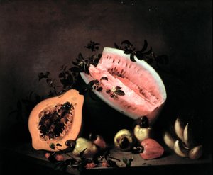 Stilleben av papaya, vattenmelon och cashewnötter
