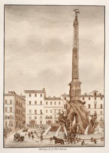 Piazza Navona Obelisk, 1833 (etsning med brun tvätt) av Agostino Tofanelli