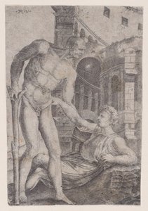 En man som hjälper en annan att komma på fötter, ca. 1514-36. av Agostino Veneziano