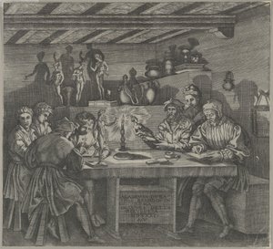 Baccio Bandinelli i sin ateljé med en statyett av Venus, elever som skissar från en mor..., 1531. av Agostino Veneziano
