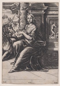 Kyskhet, en kvinna som sitter, en enhörning till höger om henne, c. 1515-30. av Agostino Veneziano