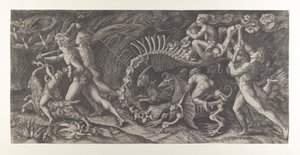 Lo Stregozzo: en kvinnlig häxa som rider på ett djurskelett, föregås av två män och ..., ca. 1515-25.