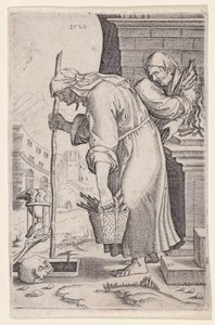 Gammal kvinna närmar sig graven, daterad 1528. av Agostino Veneziano
