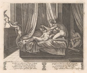 Platta 13: Psyche tittar på Amor, från berättelsen om Amor och Psyche som berättas av Apulei..., 1530-60.