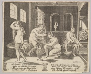 Tavla 7: Psyche bevakades i sitt bad av nymfer, i bakgrunden till höger Psyche repr..., ca. 1520-36.