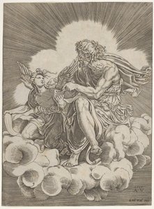 St. Matteus, sittande på ett moln och doppa en penna i ett bläckhus som hålls av en ängel..., ca. 1518-20.