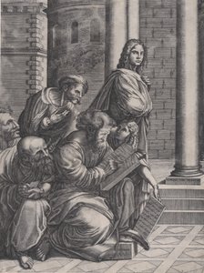 Gruppen från Rafaels skola i Aten, daterad 1523. av Agostino Veneziano