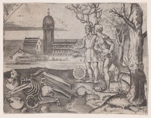 Två män på en kyrkogård, ca. 1514-36. av Agostino Veneziano