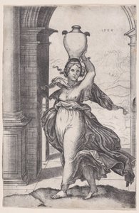Kvinna som bär en vas på huvudet, daterad 1528., daterad 1528. av Agostino Veneziano
