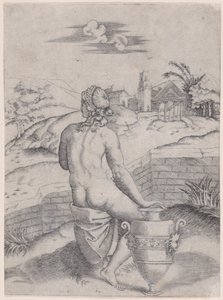Kvinna som sitter nära en vas, ca. 1514-36. av Agostino Veneziano