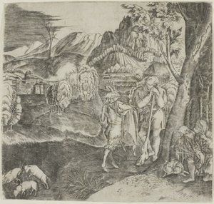 Herdar och satyr i ett landskap av Agostino dei Musi