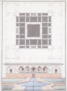 Höjd av sydfronten och trädgårdspalatset i Suraj Bhawan vid Dig, ca 1830 (penna, penna och grått bläck och akvarell)