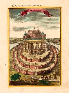 Den legendariska drottningen Semiramis fästning och hängande trädgårdar i Babylon - Semiramis fästning - Koppargravyr och akvarell av Alain Manesson Mallet (1630-1706)