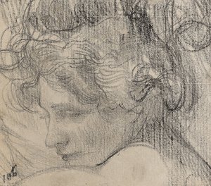En kvinnas huvud, ca 1890 (krita på papper) av Albert de Belleroche