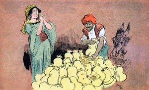 Ali Baba visar guldpåsarna till sin fru Illustration av Albert Robida för Ali Baba and the Forty Thieves 1945 Private Collection av Albert (after) Robida