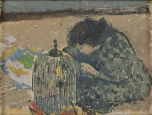 Kvinna med kanariefågel, ca 1892-94 (olja på kort)
