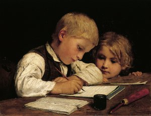 Pojke skriver med sin syster, 1875