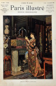 Kinesiska prydnadssaker En europeisk kvinna klädd i Orientale observerar sitt utbud av kinesiska föremål. Illustration av Albert Aublet (1851-1938). Gravyr från 1887 i "" Paris-Illustrous journal weekly"".