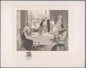 Sällskap av kvinnor i traditionell kostym vid bordet skandal av Albert Bertrand (attributed to)