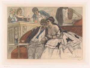 Man och kvinna sitter på en röd soffa vid baren på en teater Le gandin ivre av Albert Bertrand (attributed to)