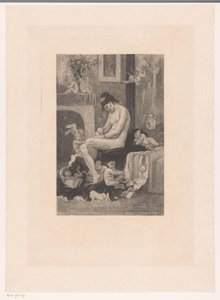 Naken kvinna på kanten av en säng omgiven av demoner som leker La mere aux Satyrions av Albert Bertrand (attributed to)