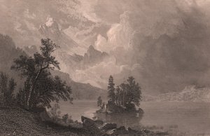 Vy över Lake Esther, Sierra Nevada, Kalifornien, USA, stålstick av Robert Hinshelwood (1812-efter 1875) efter målning av Albert Bierstadt (1830-1902), cirka 19x14 cm av Albert Bierstadt