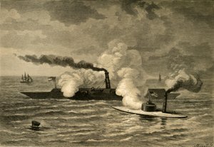 Attack of the Monitor on the Merrimack, 1878. av Albert Bobbett