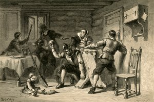 Puritaner barrikaderar sitt hus mot indianer, 1877.