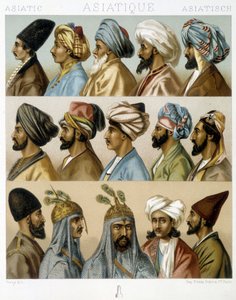 Asiatiska manliga frisyrer - i "" Den historiska kostymen"" av Racinet, sent 1800-tal