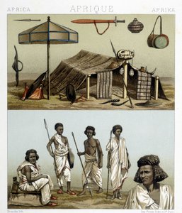 Läger och traditionella kläder från Nubia. Illustration i "" Le costume historique"" av Racinet av Albert Charles August Racinet
