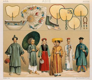 Kläder från kinesiska kvinnor och från regionen Tartary, Illustration från Complete Costume History av Auguste Racinet av Albert Charles August Racinet