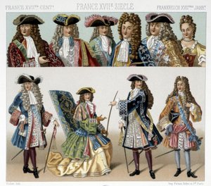 Kostymer och frisyrer från den franska adeln på 1700-talet. Illustration i "" Le costume historique"" av Racinet