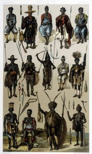 Kostymer från Guinee, Senegal och Gabon. Illustration i "Le costume historique"" av Racinet av Albert Charles August Racinet