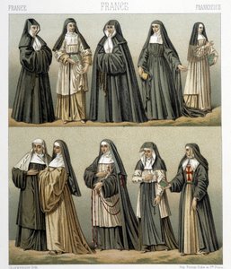 Dräkter av nunnor i Frankrike på 1700-talet. Illustration i "" Le costume historique"" av Racinet