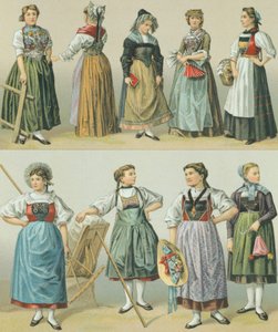 Costumes of the Cantons, illustration från The Complete Costume History av Racinet Auguste av Albert Charles August Racinet