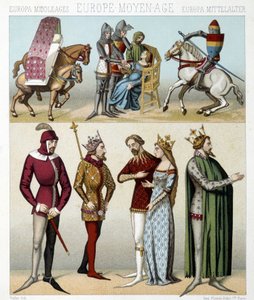 Medeltidens dräkter i Frankrike. Illustration i "Le costume historique"" av Racinet av Albert Charles August Racinet